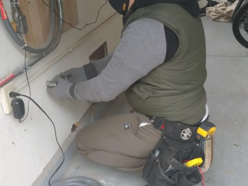 Electrician performing outlet wiring in a Huntertown garage